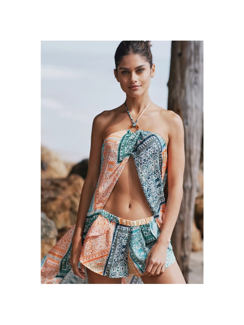 Boho Patchwork Off-Shoulder 2-piece set Top and bottom in Teal & Orange Travel